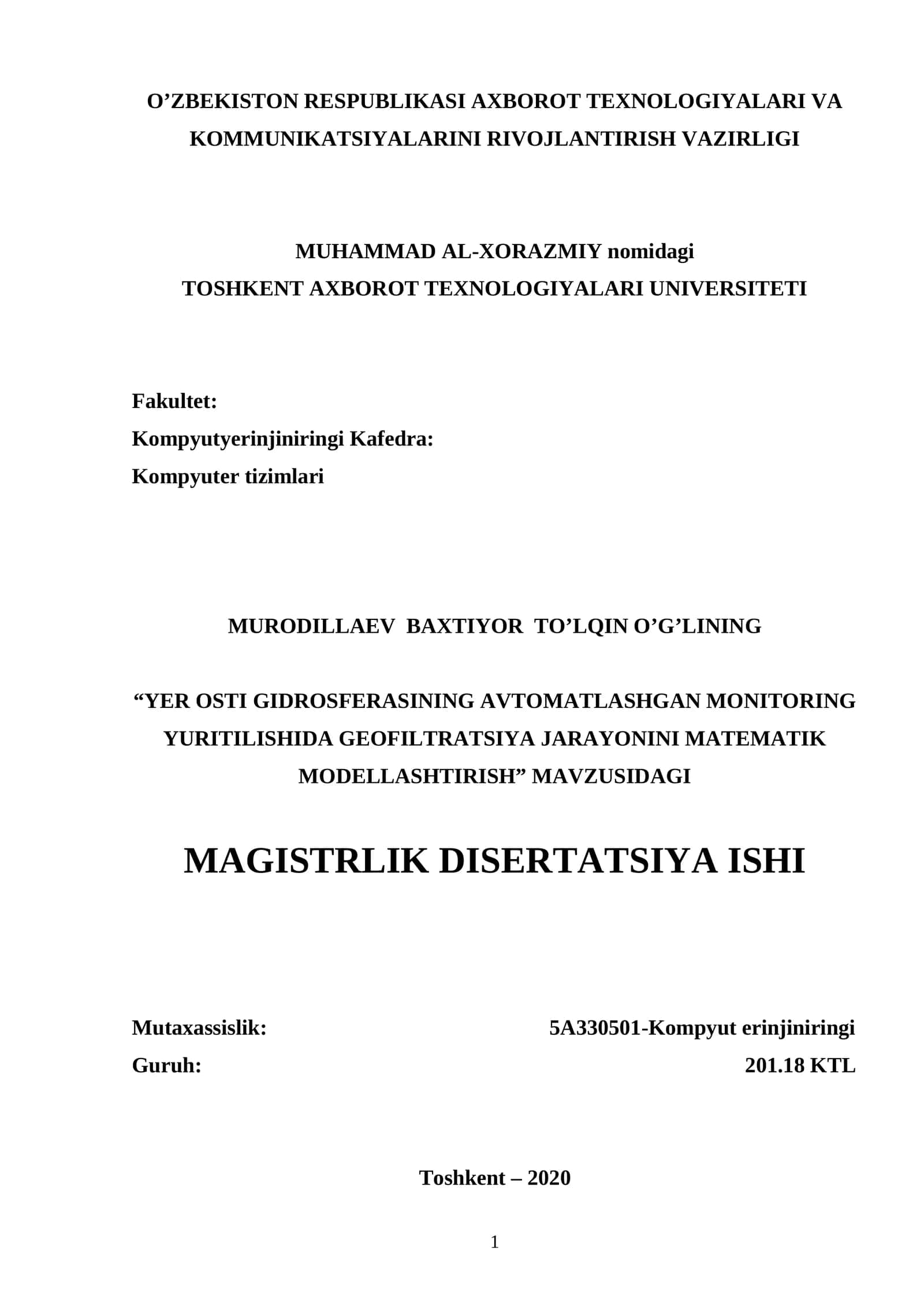 "YER OSTI GIDROSFERASINING AVTOMATLASHGAN MONITORING YURITILISHIDA GEOFILTRATSIYA JARAYONINI MATEMATIK MODELLASHTIRISH" MAVZUSIDAGI MAGISTRLIK DISERTATSIYA ISHI 1