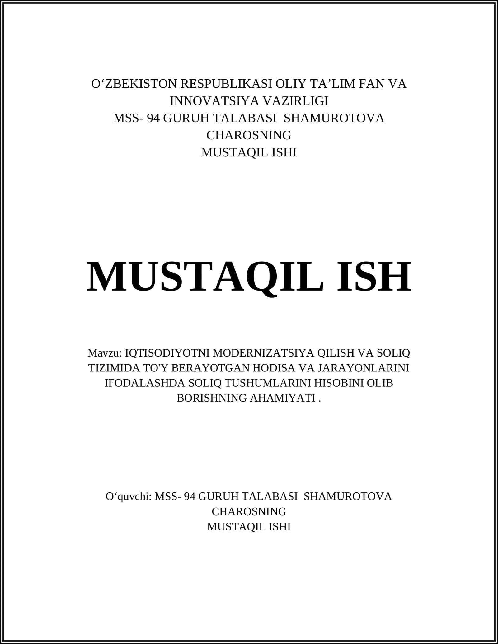 IQTISODIYOTNI MODERNIZATSIYA QILISH VA SOLIQ TIZIMIDA TO'Y BERAYOTGAN HODISA VA JARAYONLARINI IFODALASHDA SOLIQ TUSHUMLARINI HISOBINI OLIB BORISHNING AHAMIYATI 1