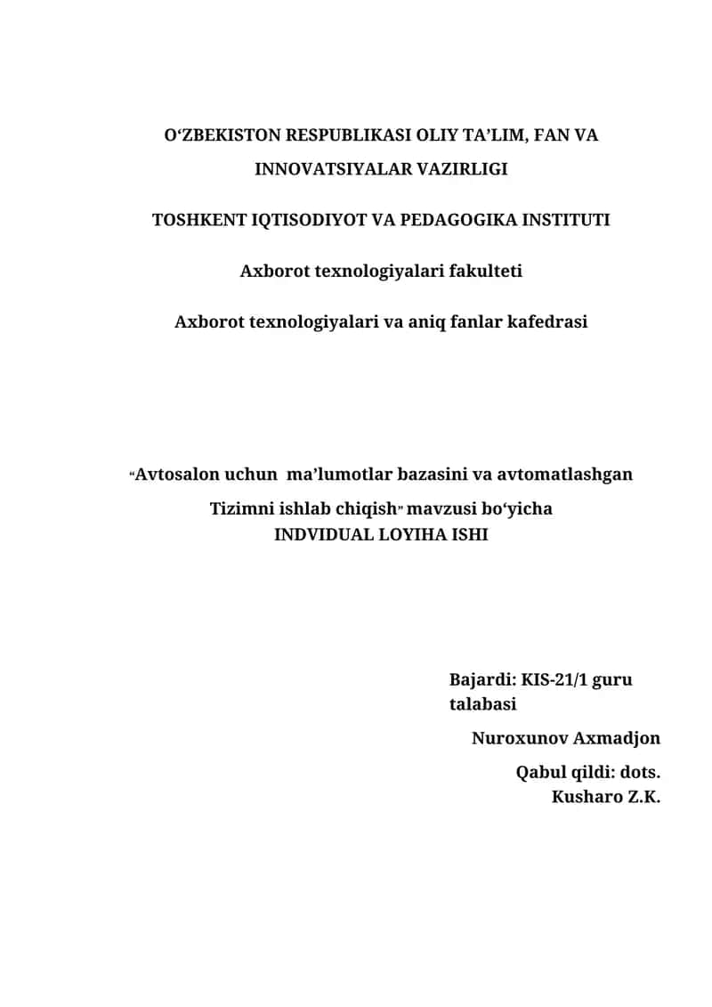 "Avtosalon uchun ma’lumotlar bazasini va avtomatlashgan Tizimni ishlab chiqish" 1