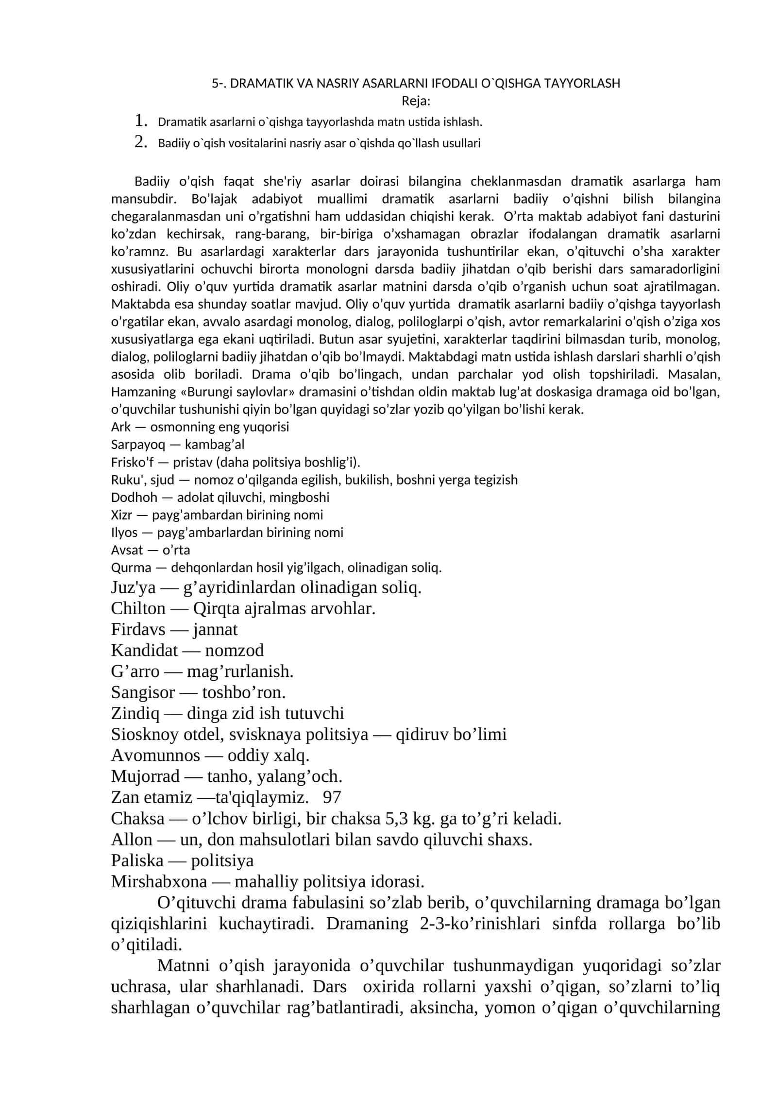 DRAMATIK VA NASRIY ASARLARNI IFODALI O`QISHGA TAYYORLASH 1