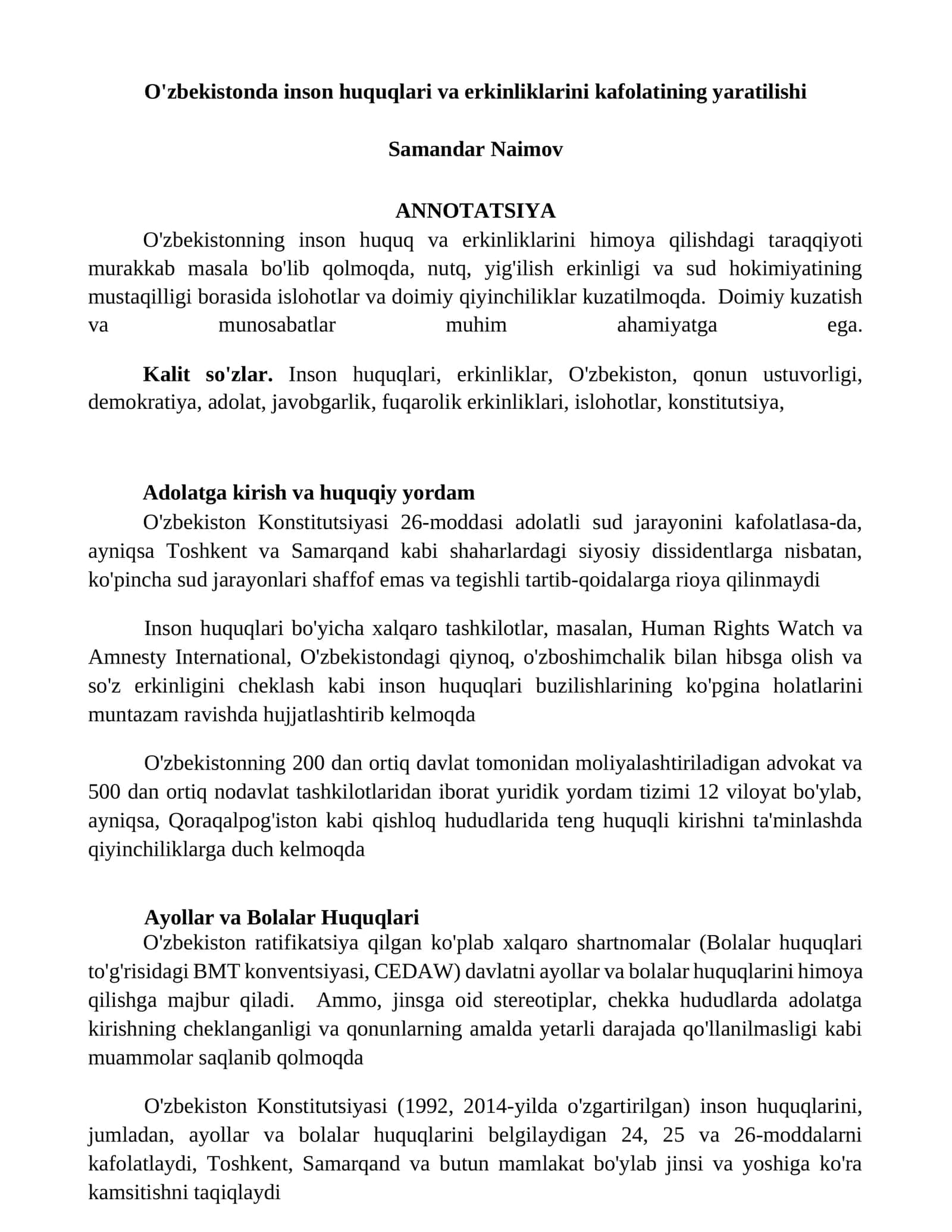 O'zbekistonda inson huquqlari va erkinliklarini kafolatining yaratilishi 1