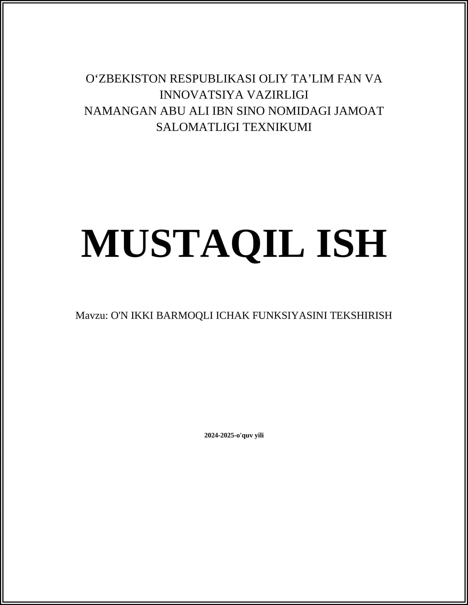 O'N IKKI BARMOQLI ICHAK FUNKSIYASINI TEKSHIRISH 1