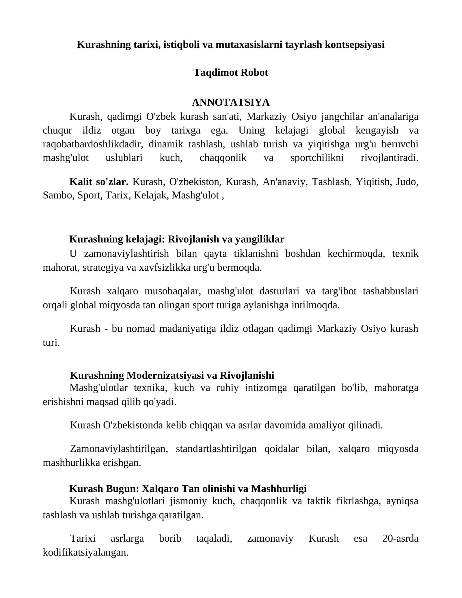 Kurashning tarixi, istiqboli va mutaxasislarni tayrlash kontsepsiyasi 1