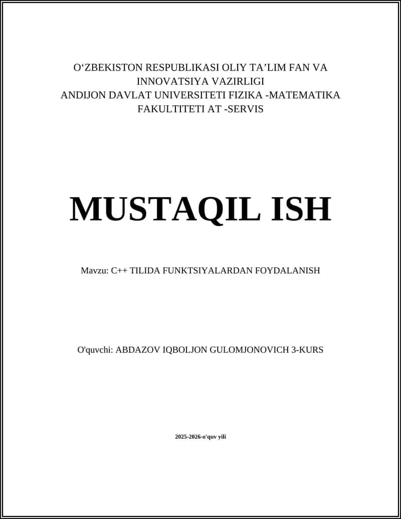 C++ TILIDA FUNKTSIYALARDAN FOYDALANISH 1