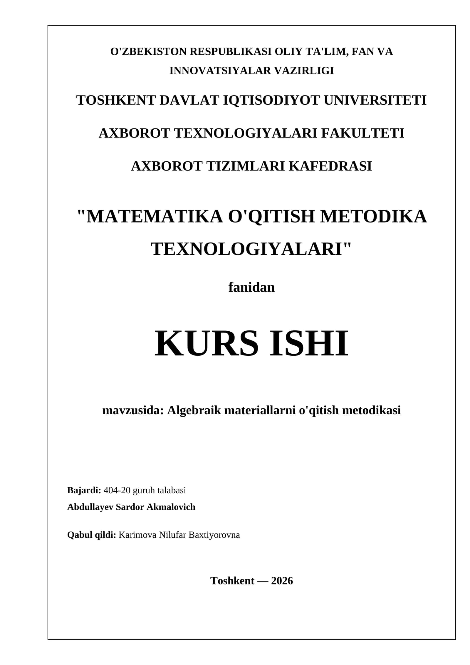 MATEMATIKA O'QITISH METODIKA TEXNOLOGIYALARI 1