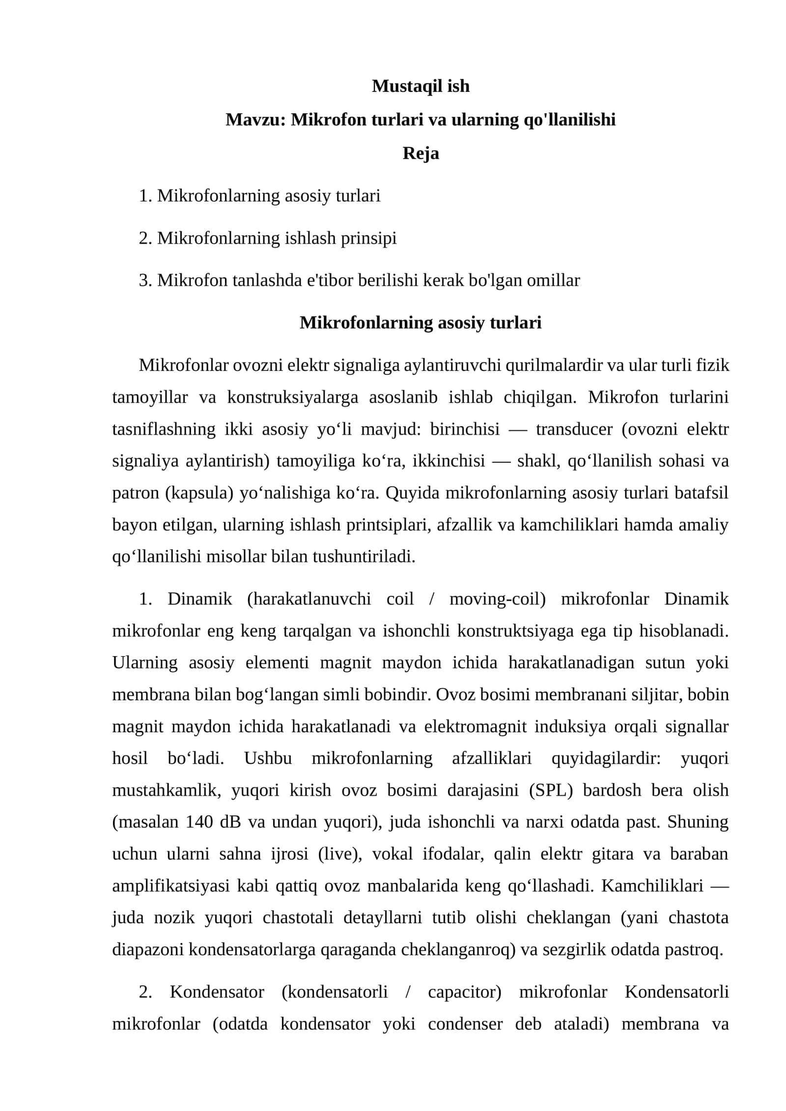 Mikrofon turlari va ularning qo'llanilishi 1