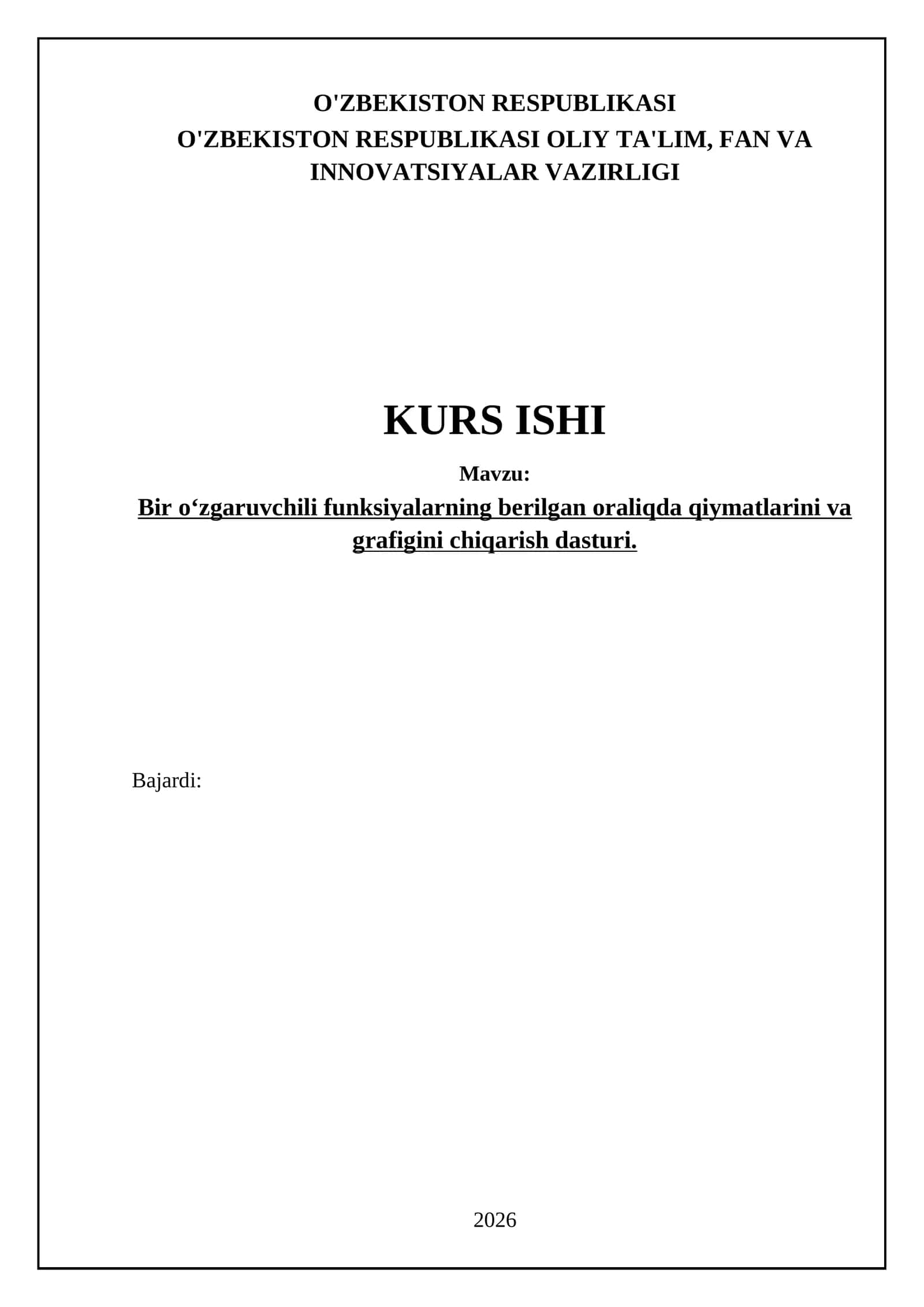 Bir oʻzgaruvchili funksiyalarning berilgan oraliqda qiymatlarini va grafigini chiqarish dasturi 1