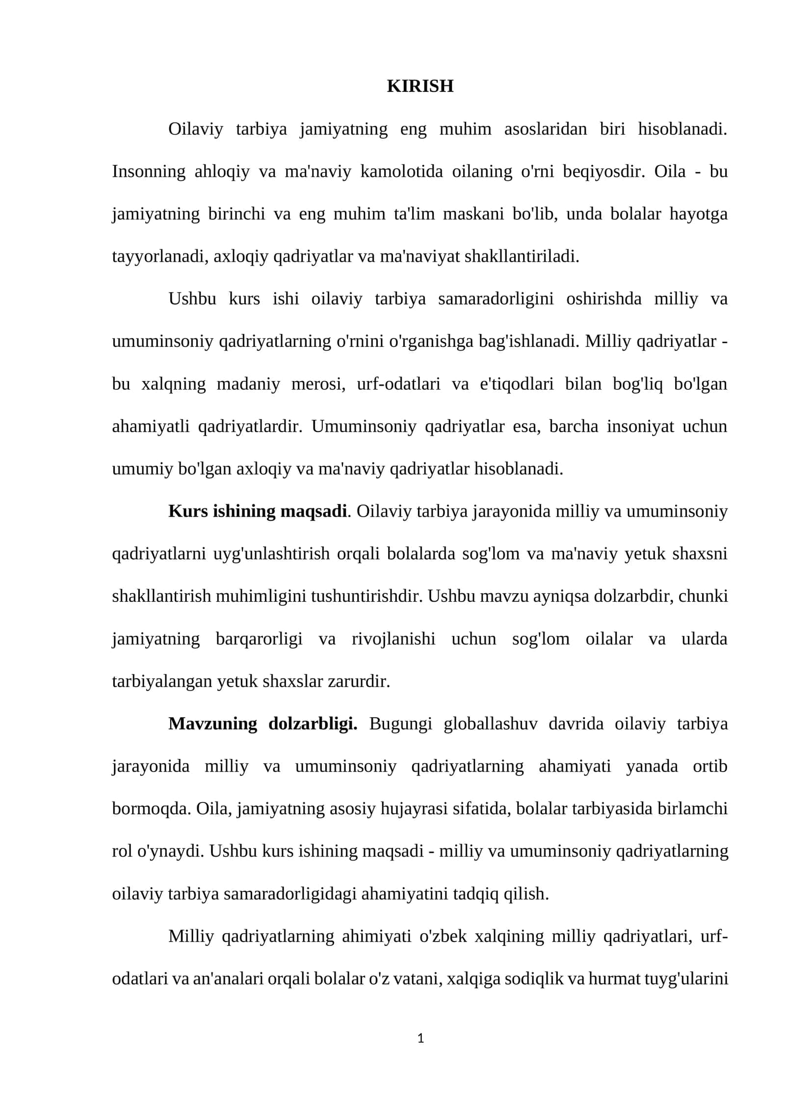 Oilaviy tarbiya samaradorligini oshirishda milliy va umuminsoniy qadriyatlarning o'rni 1