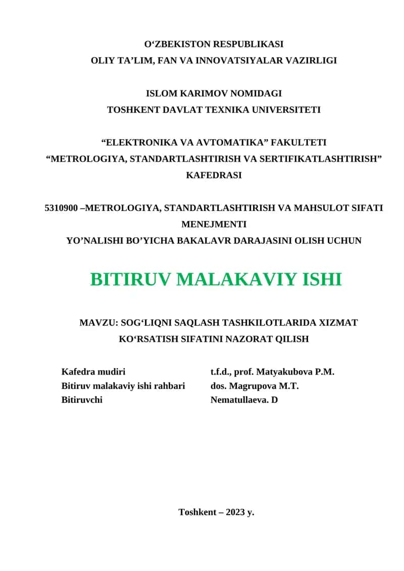 SOG‘LIQNI SAQLASH TASHKILOTLARIDA XIZMAT KO‘RSATISH SIFATINI NAZORAT QILISH 1