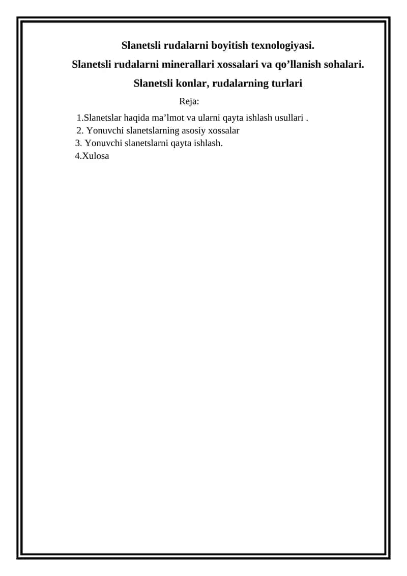 Slanetsli rudalarni boyitish texnologiyasi 1