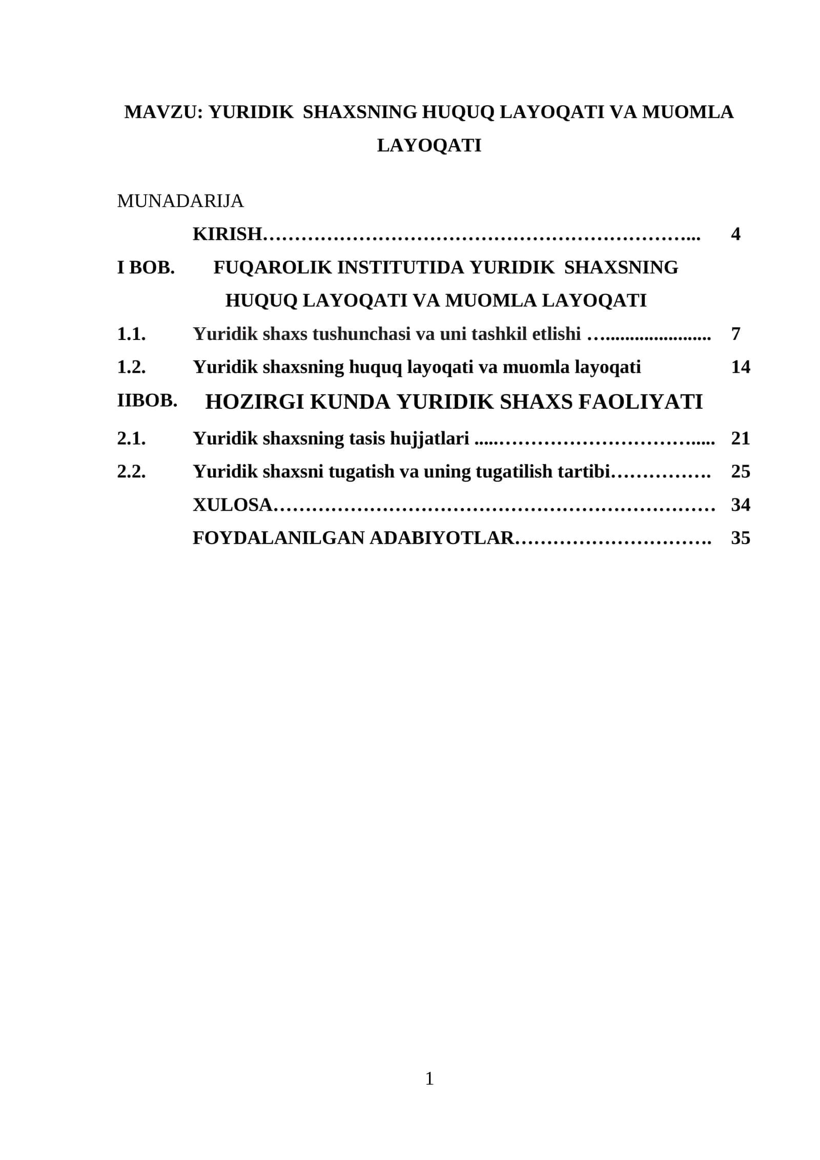 YURIDIK SHAXSNING HUQUQ LAYOQATI VA MUOMLA LAYOQATI 1