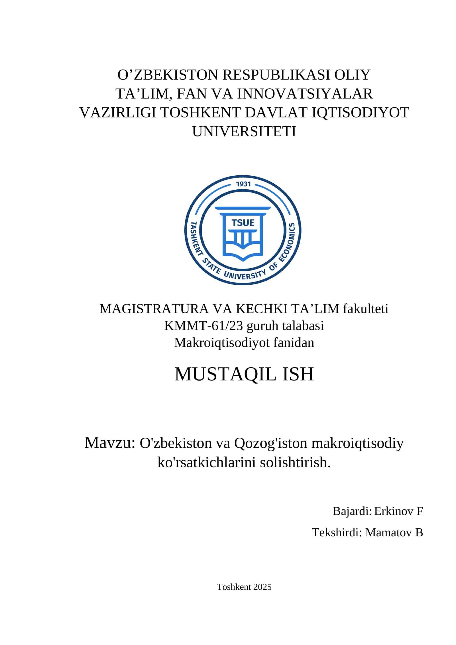 O'zbekiston va Qozog'iston makroiqtisodiy ko'rsatkichlarini solishtirish 1