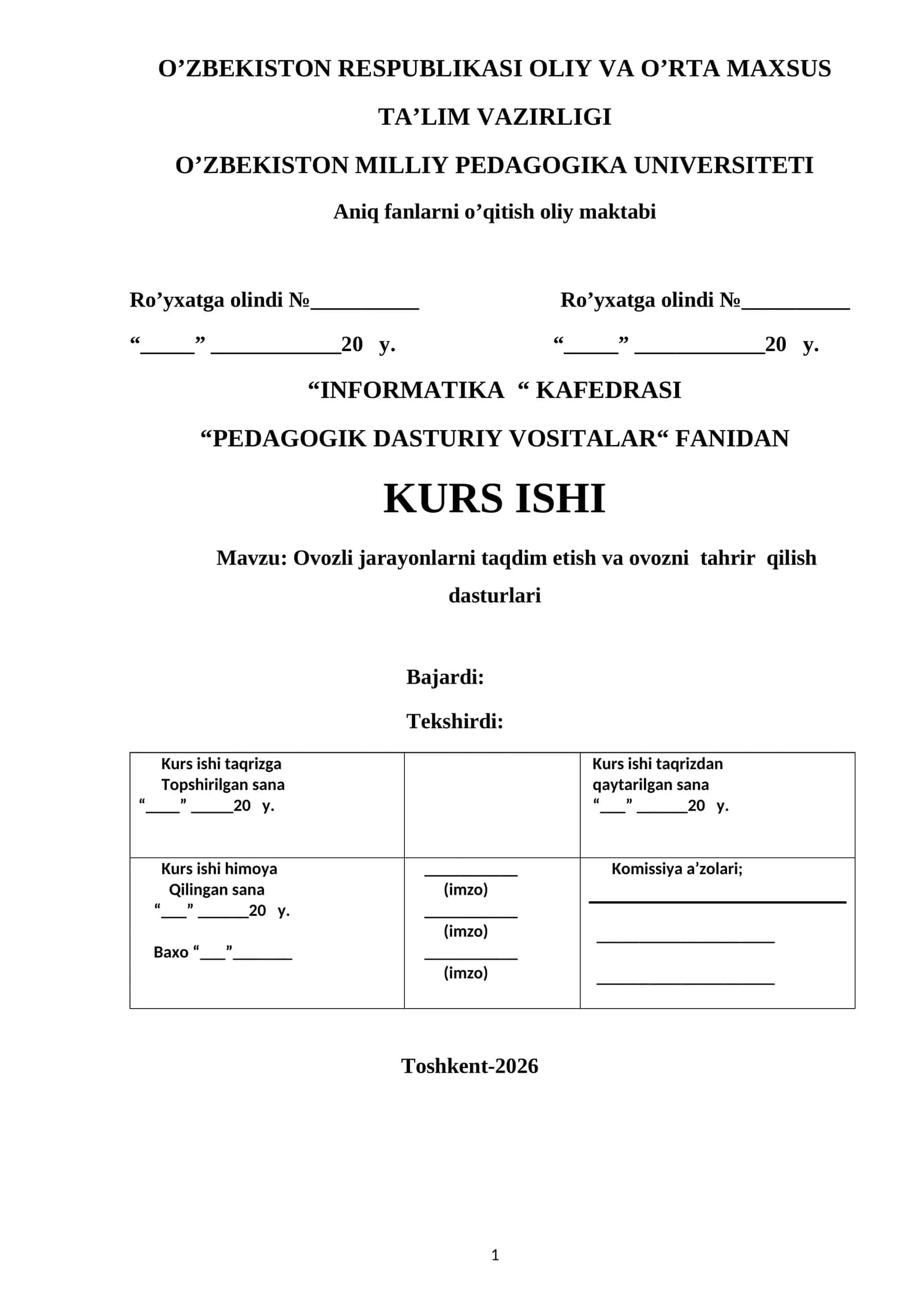 KURS ISHI: Ovozli jarayonlarni taqdim etish va ovozni tahrir qilish dasturlari 1