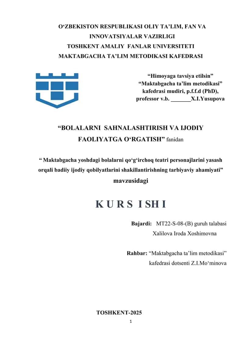 Maktabgacha yoshdagi bolalarni qoʻgʻirchoq teatri personajlarini yasash orqali badiiy ijodiy qobilyatlarini shakillantirishning tarbiyaviy ahamiyati. 1