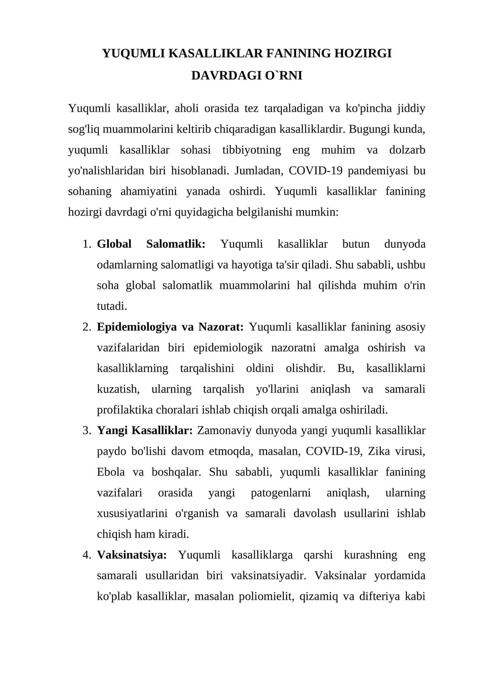 Yuqumli kasalliklar fanining hozirgi davrdagi o`rni 1