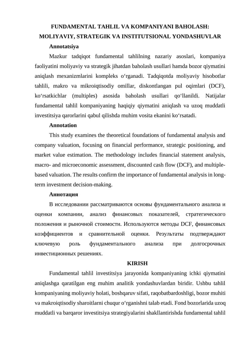 FUNDAMENTAL TAHLIL VA KOMPANIYANI BAHOLASH: MOLIYAVIY, STRATEGIK VA INSTITUTSIONAL YONDASHUVLAR 1