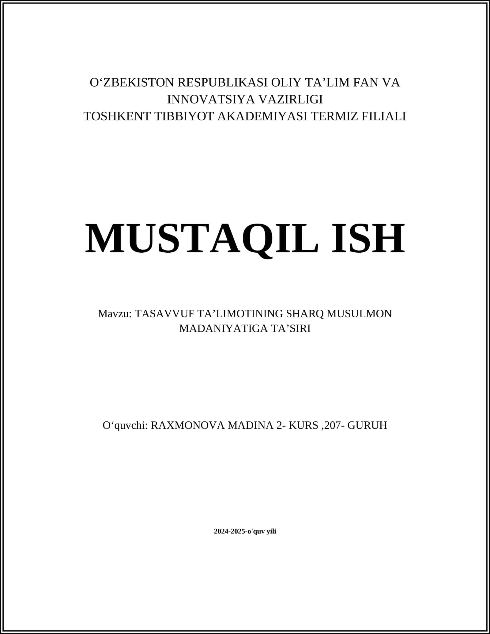 TASAVVUF TA’LIMOTINING SHARQ MUSULMON MADANIYATIGA TAʼSIRI 1