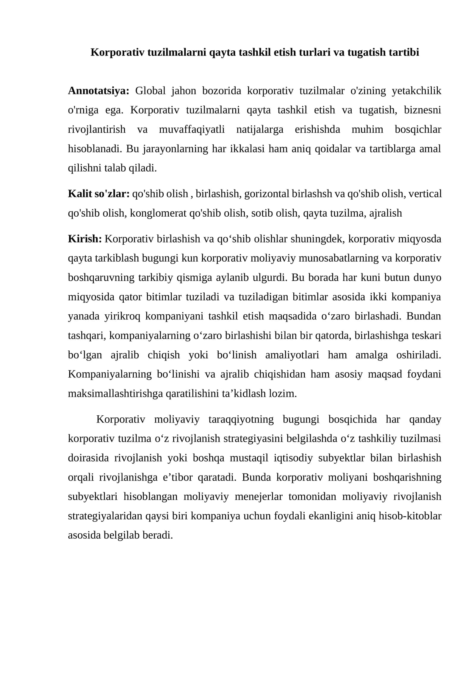 Korporativ tuzilmalarni qayta tashkil etish turlari va tugatish tartibi 1