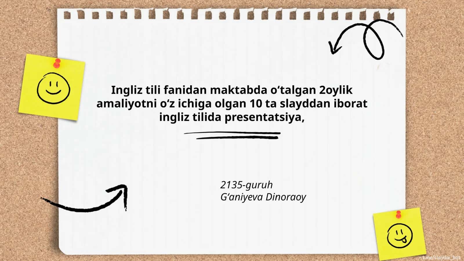 Ingliz tili fanidan maktabda oʻtalgan 2oylik amaliyotni oʻz ichiga olgan 10 ta slayddan iborat ingliz tilida presentatsiya 1