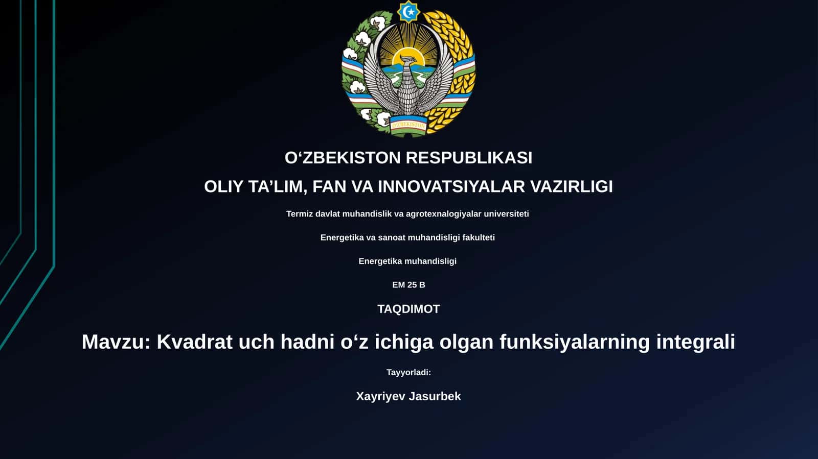 Kvadrat uch hadni oʻz ichiga olgan funksiyalarning integrali 1