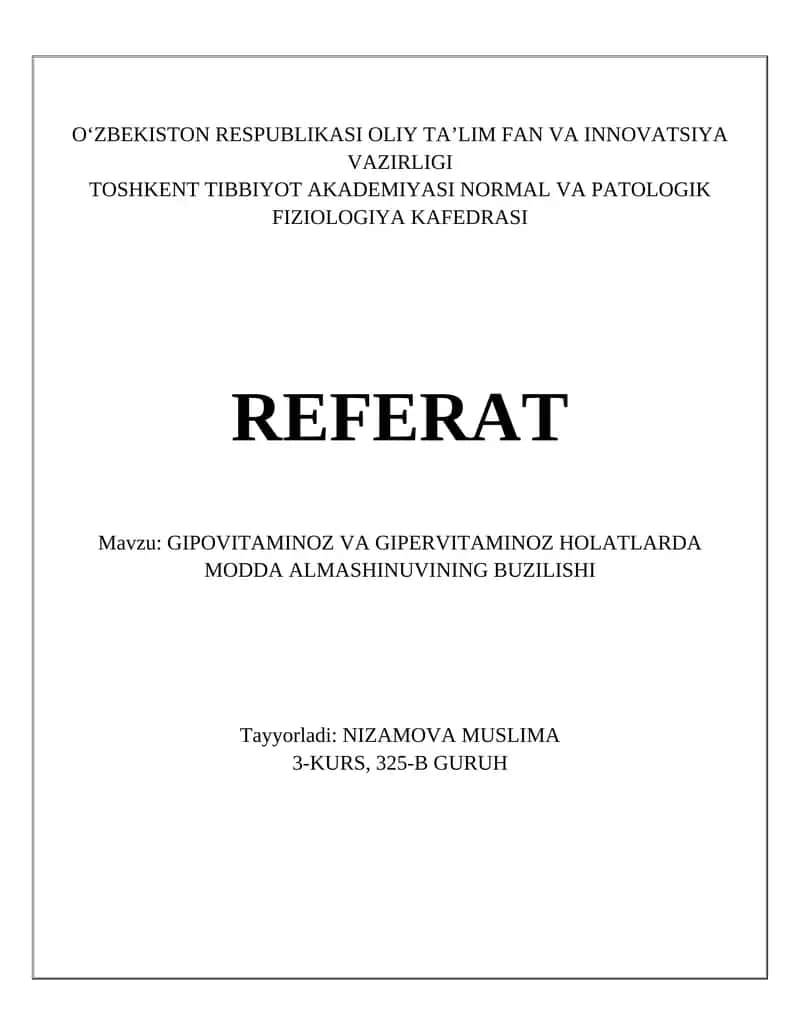 Gipovitaminoz va Gipervitaminoz Holatlarda Modda Almashinuvining Buzilishi 1