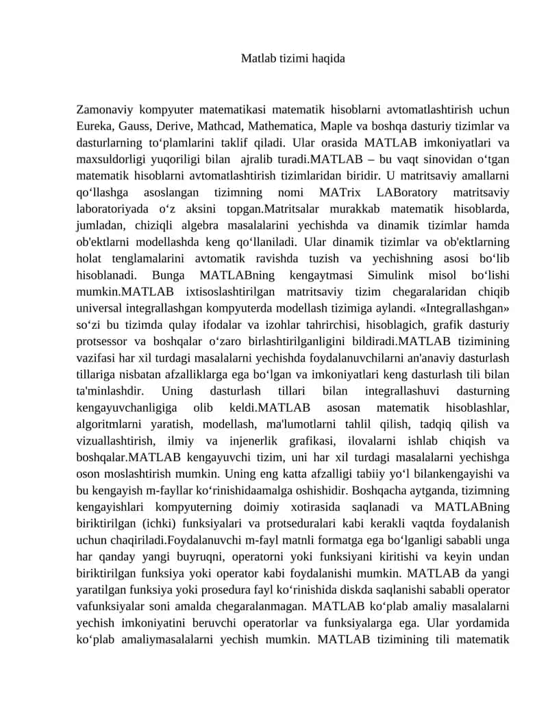 MATLAB tizimi 1