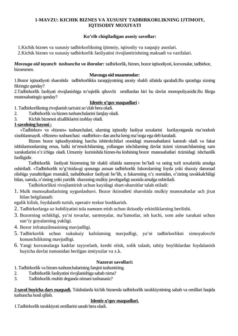 Kichik biznes va xususiy tadbirkorlikning ijtimoiy, iqtisodiy moxiyati 1