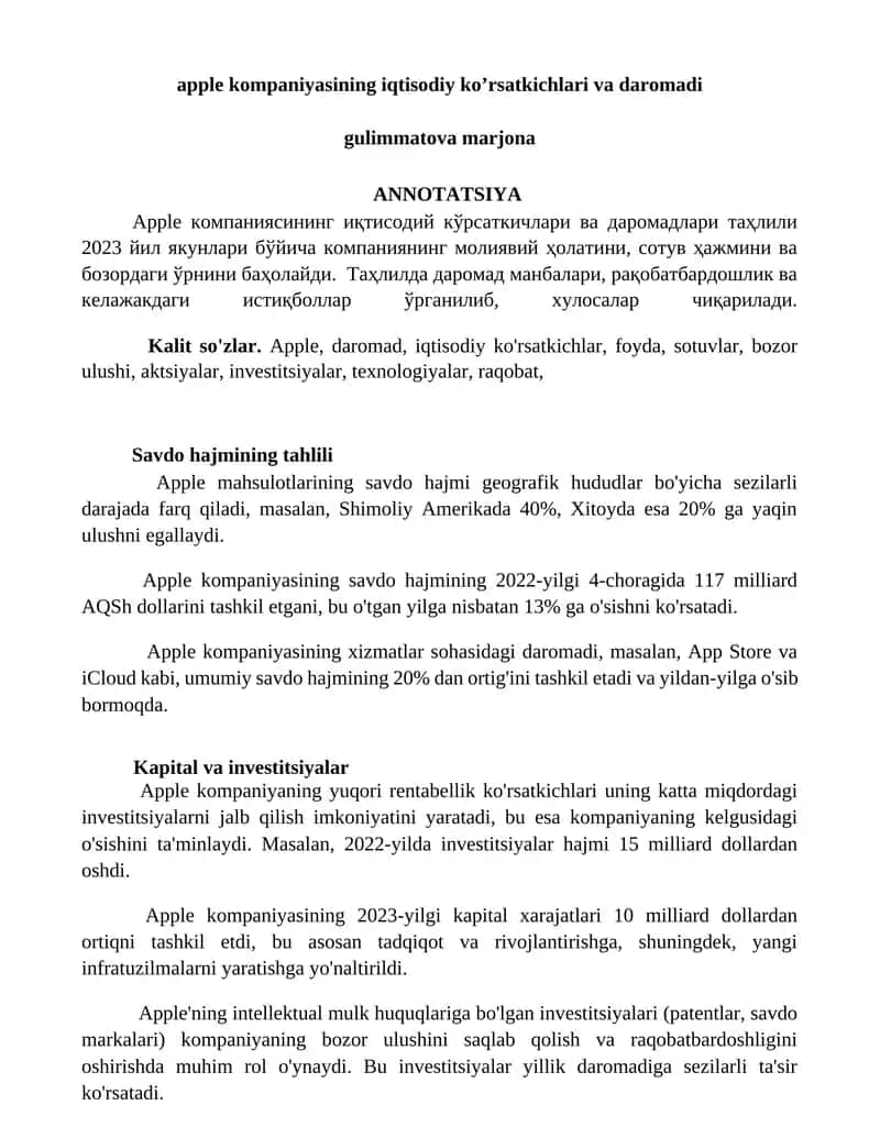 Apple компаниясининг иқтисодий ко’рсаткичлари ва даромадлари таҳлили 1