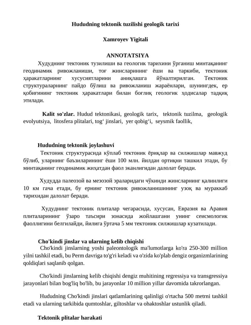 Hududning tektonik tuzilishi geologik tarixi 1