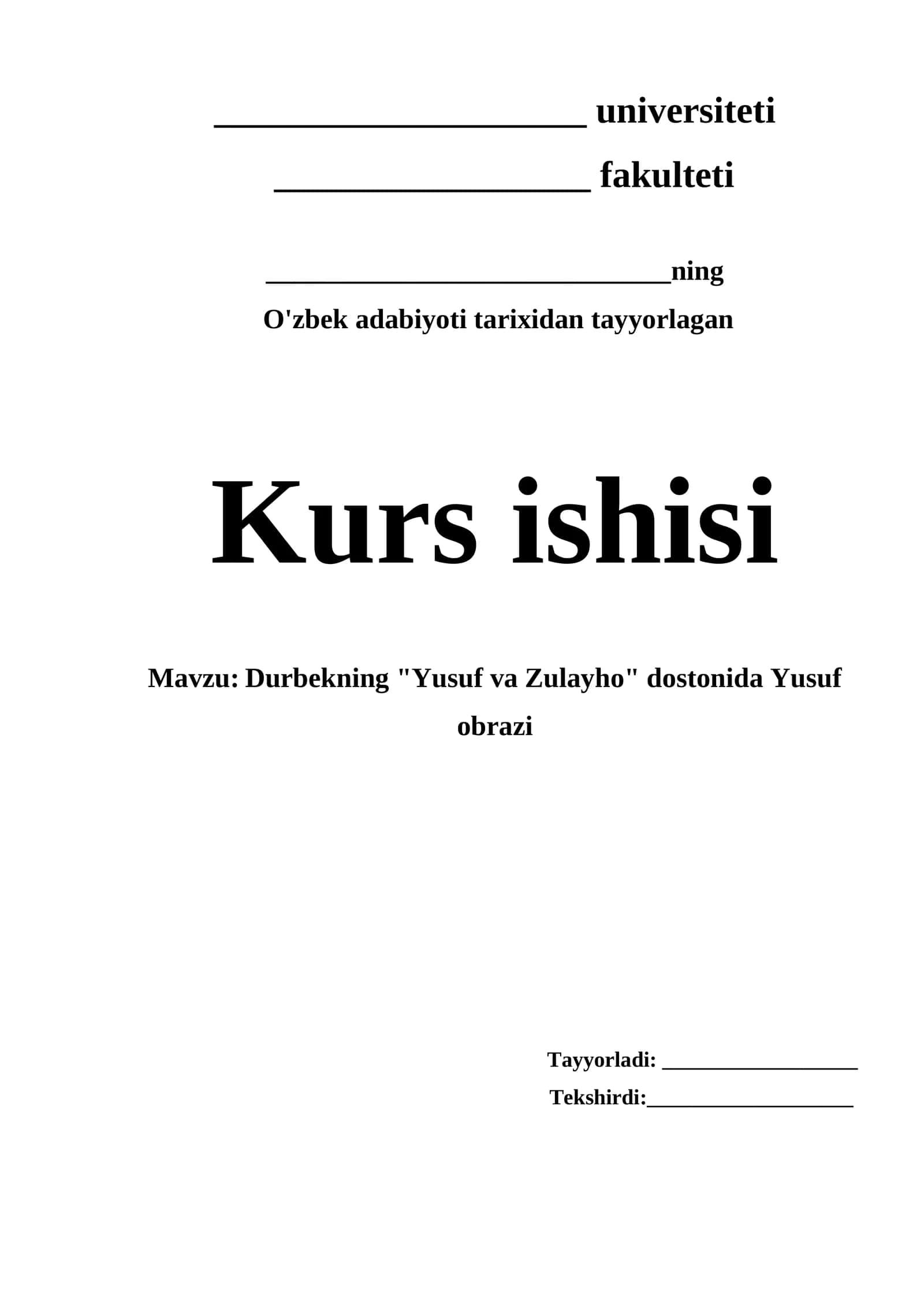 Yusuf obrazi va uning badiiy tafsifi mavzusida tayyor kurs ishi 1