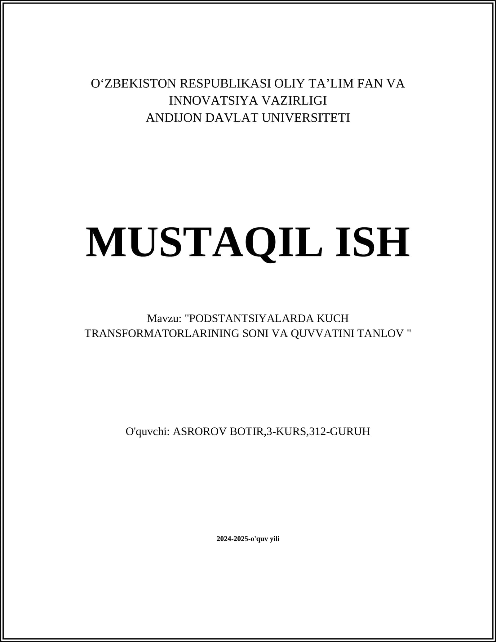 PODSTANTSIYALARDA KUCH TRANSFORMATORLARINING SONI VA QUVVATINI TANLOV 1