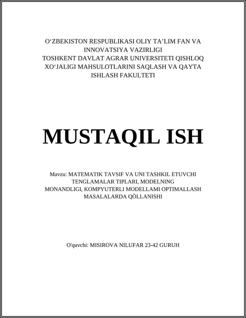 Matematik Tavsifning Asosiy Tamoyillari va Model Qurilish Bosqichlari 1