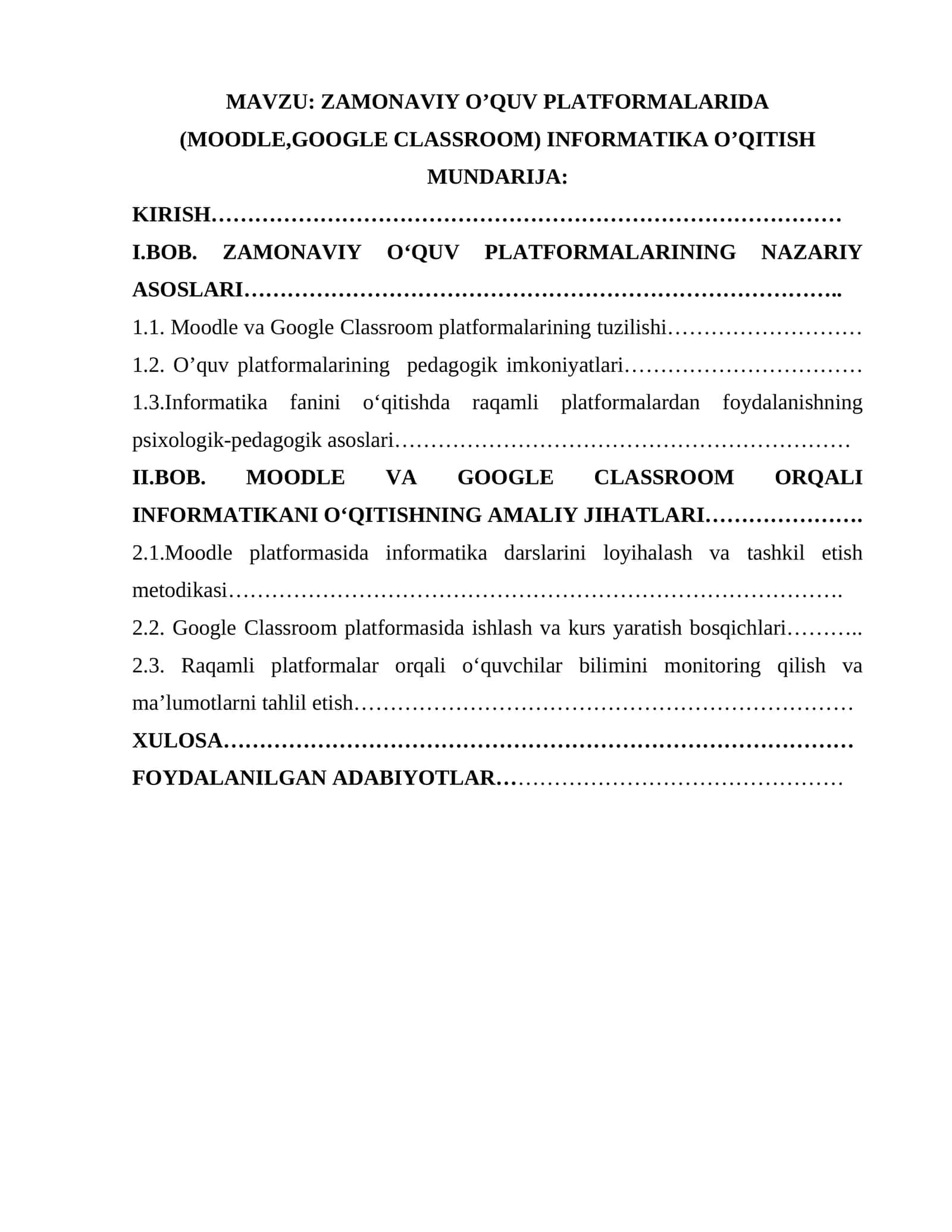 ZAMONAVIY O’QUV PLATFORMALARIDA (MOODLE,GOOGLE CLASSROOM) INFORMATIKA O’QITISH 1