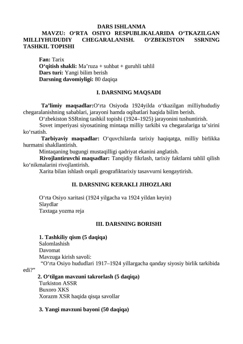 O‘rta Osiyo Respublikalarida O‘tkazilgan Milliyhududiy Chegaralanish. O‘zbekiston SSRning Tashkil Topishi 1