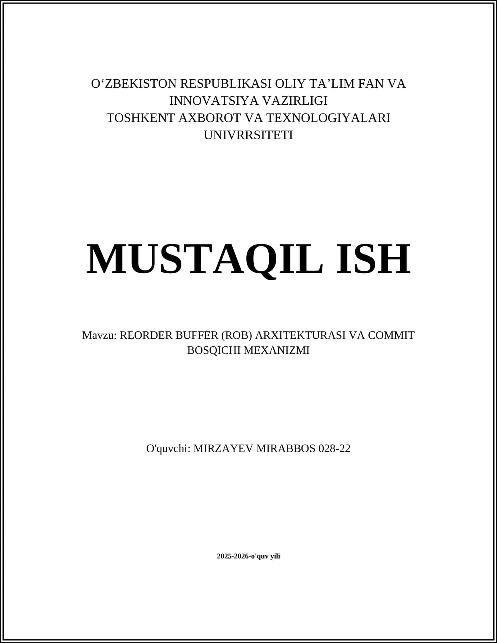 REORDER BUFFER (ROB) ARXITEKTURASI VA COMMIT BOSQICHI MEXANIZMI 1