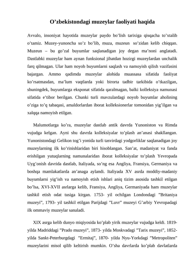 O'zbekistondagi muzeylar faoliyati haqida 1