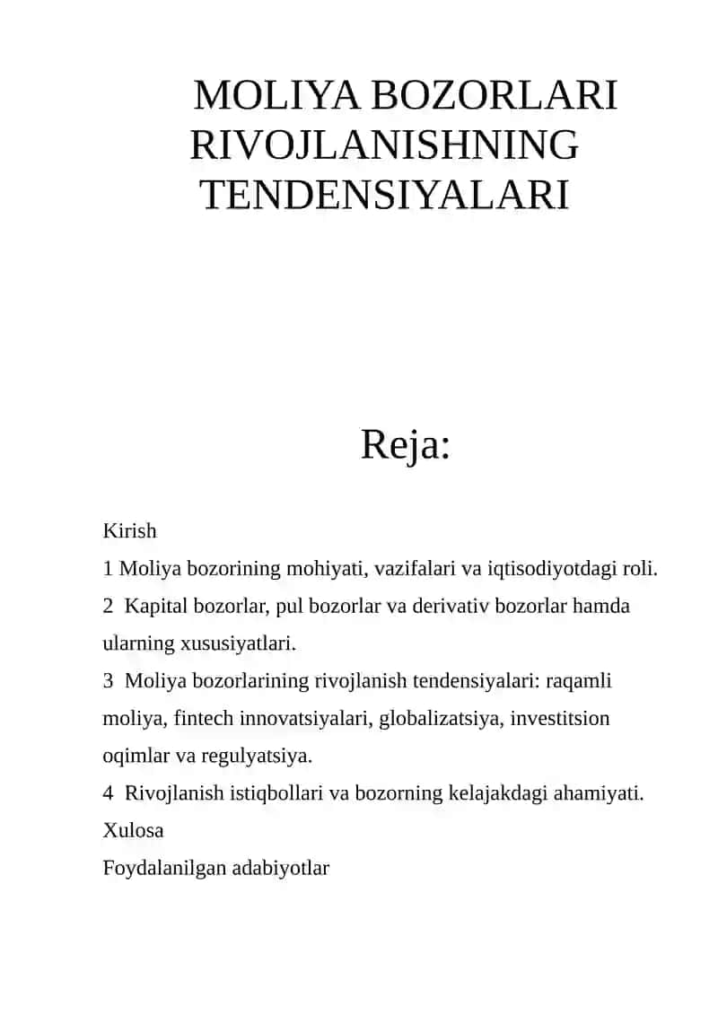Moliya Bozorlari Rivojlanishning Tendensiyalari