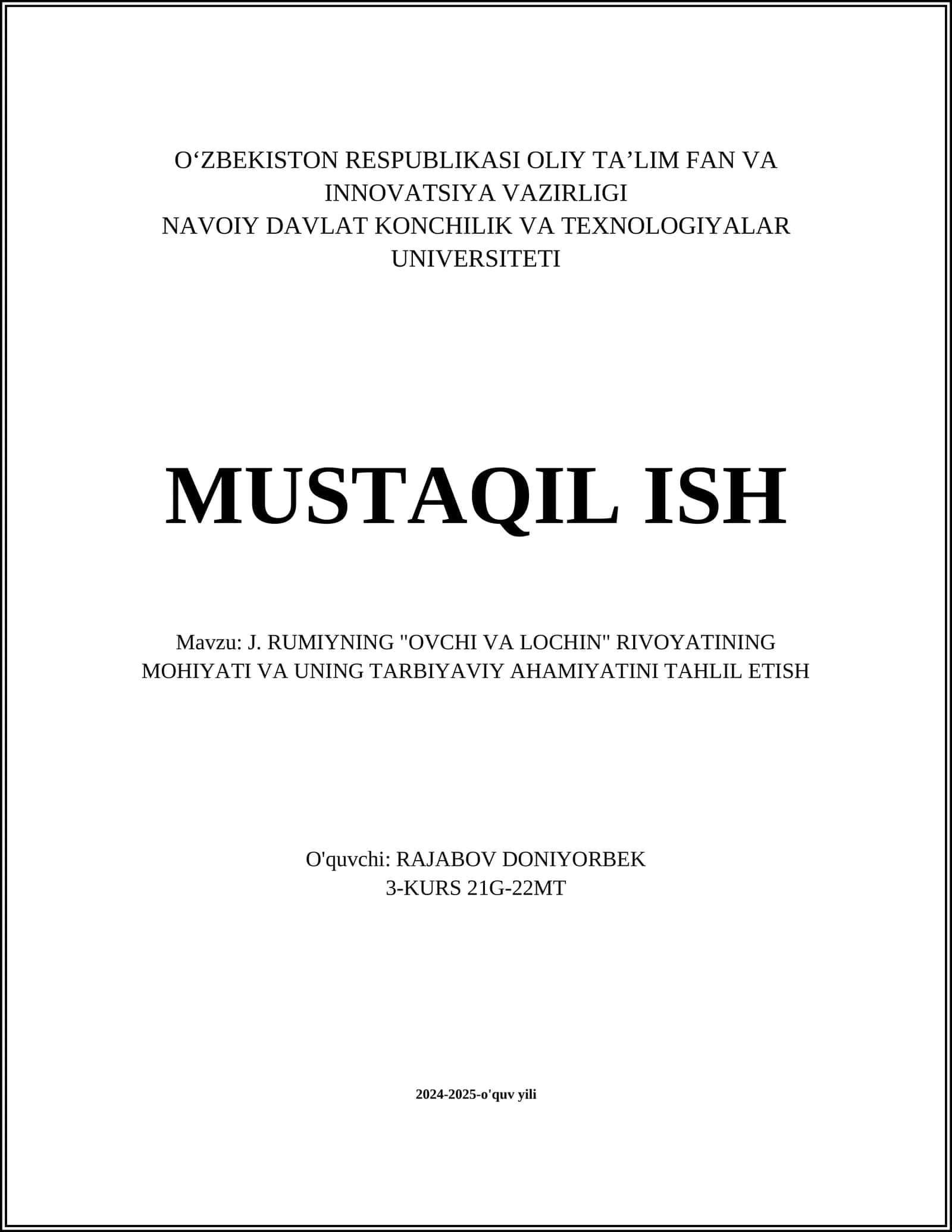 J. RUMIYNING "OVCHI VA LOCHIN" RIVOYATINING MOHIYATI VA UNING TARBIYAVIY AHAMIYATINI TAHLIL ETISH 1