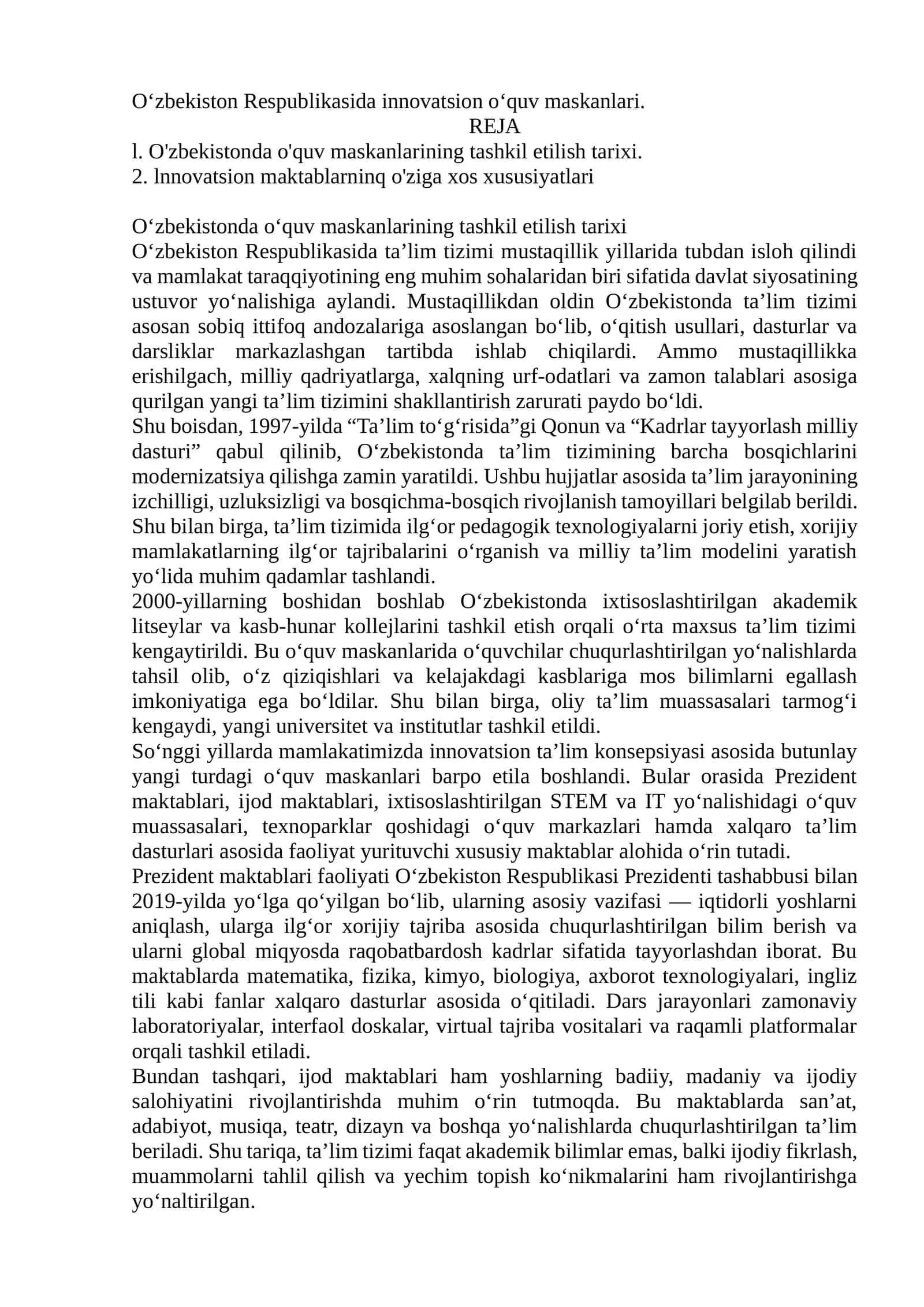 O‘zbekiston Respublikasida innovatsion o‘quv maskanlari 1