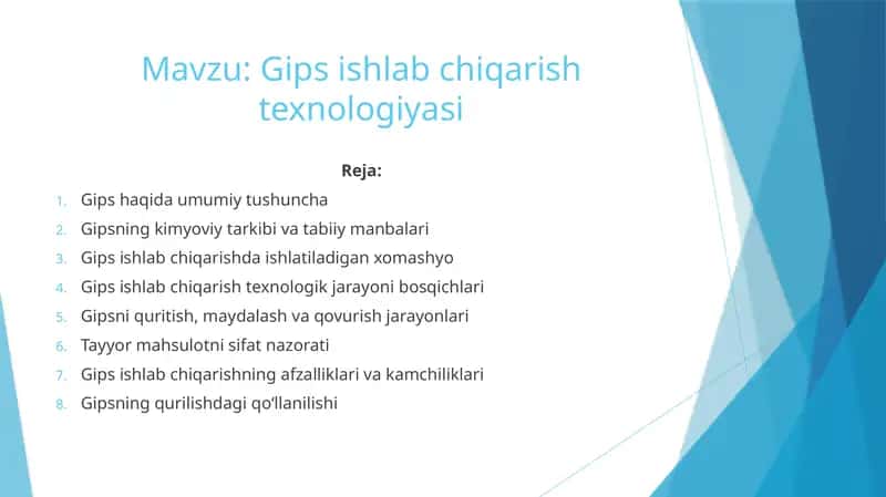 Gips ishlab chiqarish texnologiyasi 1