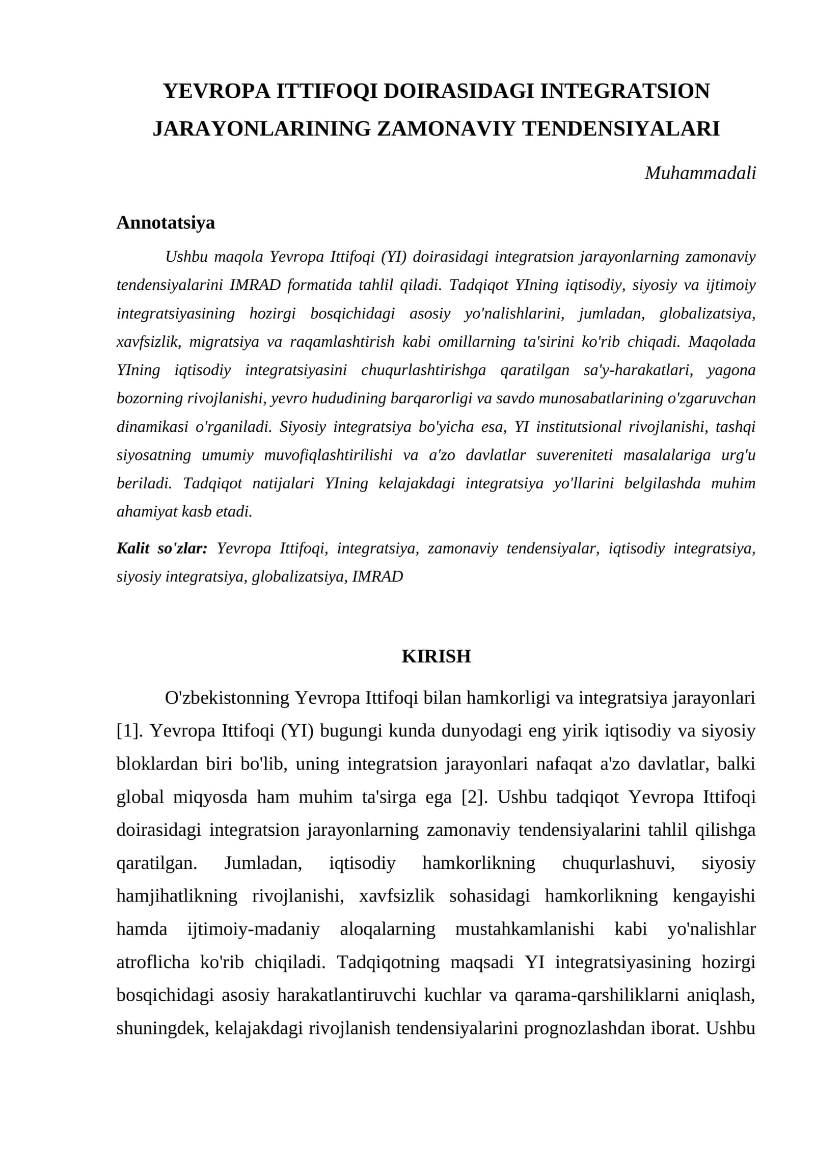 YEVROPA ITTIFOQI DOIRASIDAGI INTEGRATSION JARAYONLARINING ZAMONAVIY TENDENSIYALARI 1
