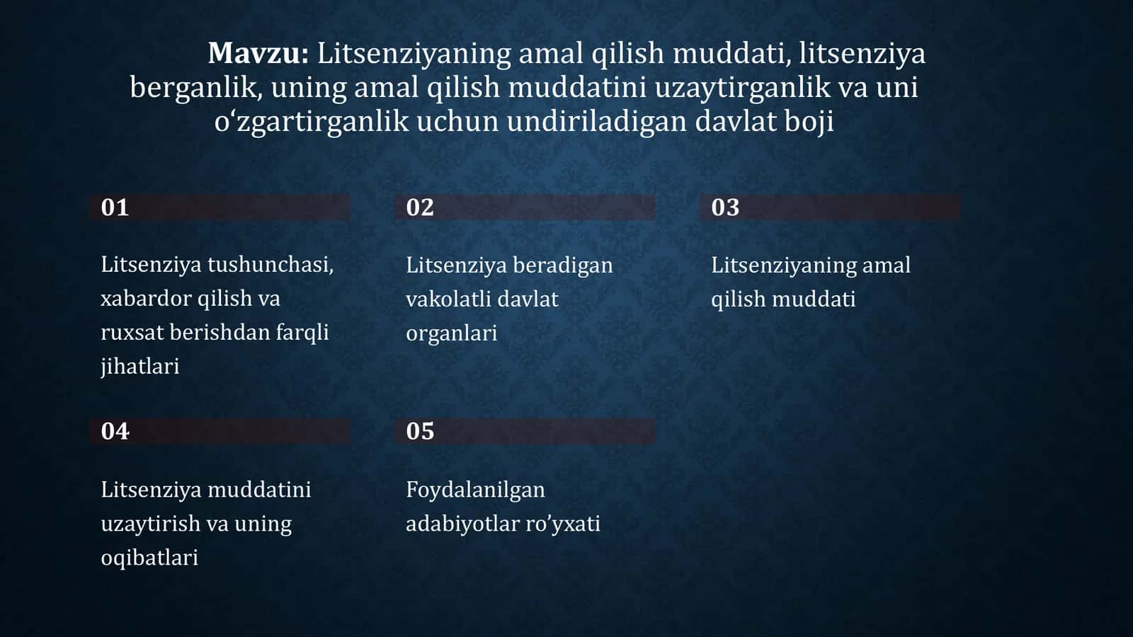Litsenziyaning amal qilish muddati, litsenziya berganlik, uning amal qilish muddatini uzaytirganlik va uni o‘zgartirganlik uchun undiriladigan davlat boji 1