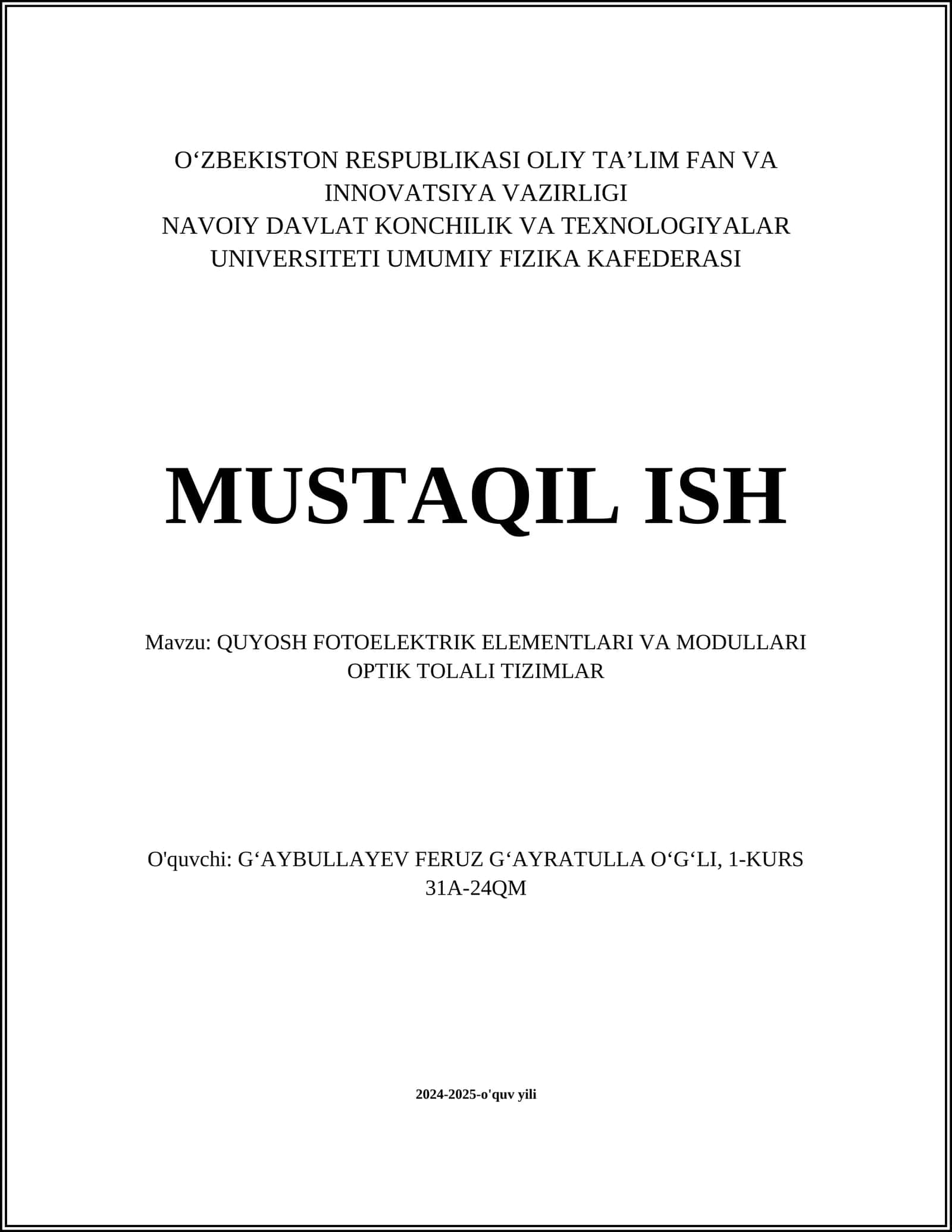 QUYOSH FOTOELEKTRIK ELEMENTLARI VA MODULLARI OPTIK TOLALI TIZIMLAR 1