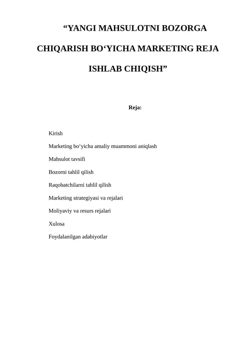 YANGI MAHSULOTNI BOZORGA CHIQARISH BO‘YICHA MARKETING REJA ISHLAB CHIQISH 1