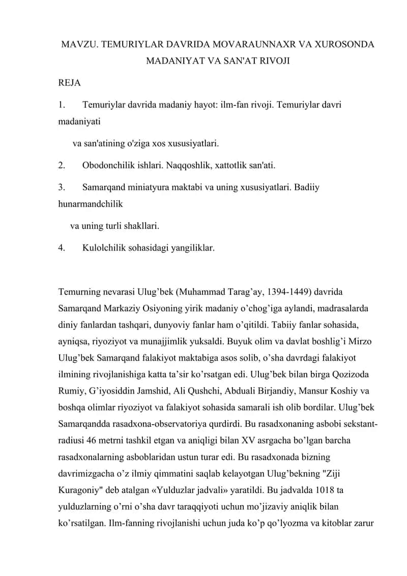 TEMURIYLAR DAVRIDA MOVARAUNNAXR VA XUROSONDA MADANIYAT VA SAN'AT RIVOJI 1