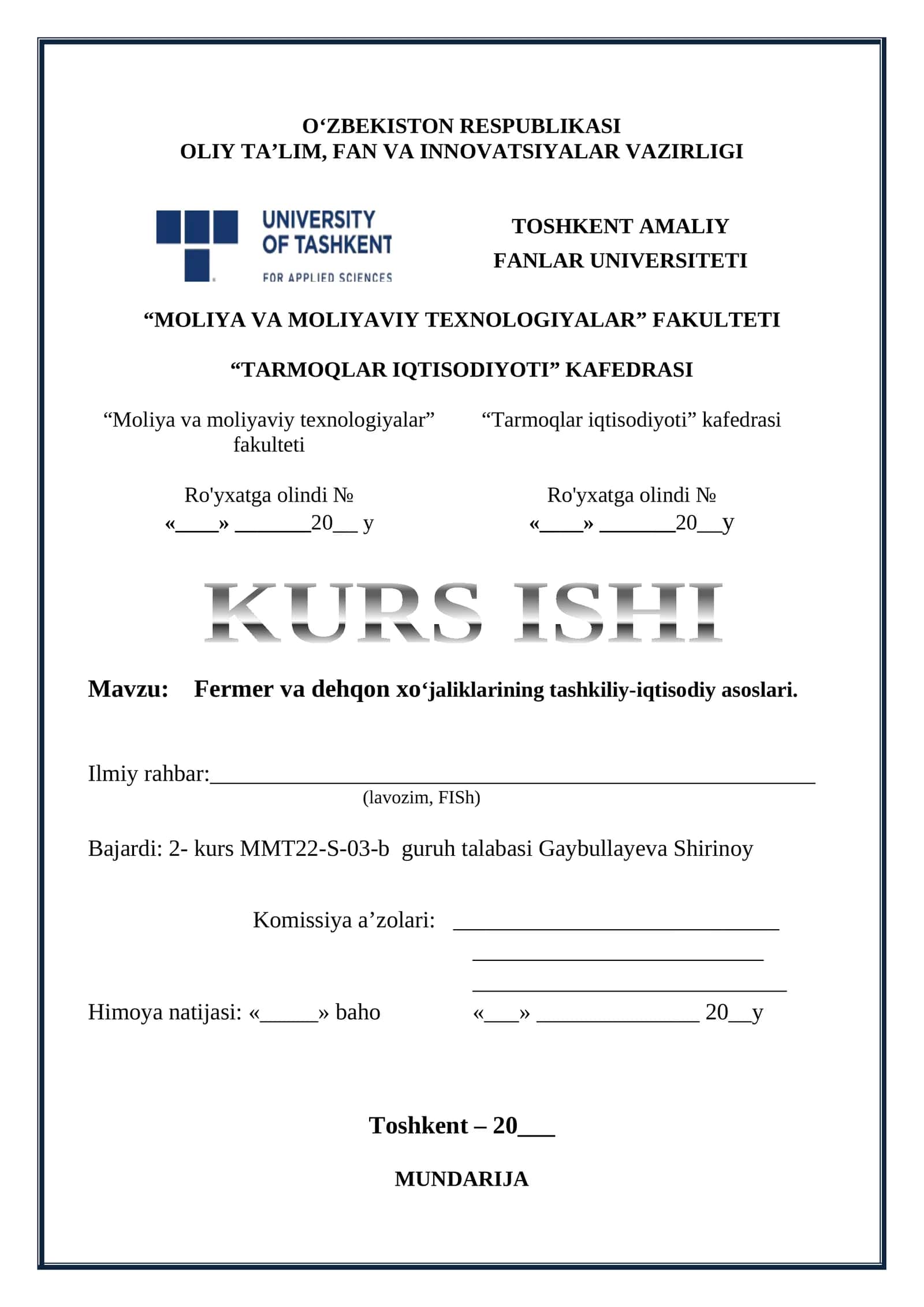 KURS ISHI Mavzu: Fermer va dehqon xoʻjaliklarining tashkiliy-iqtisodiy asoslari 1