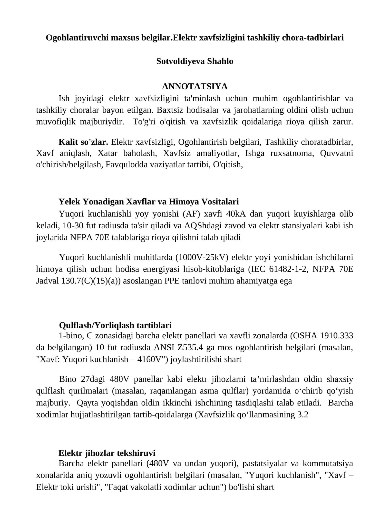 Ogohlantiruvchi maxsus belgilar.Elektr xavfsizligini tashkiliy chora-tadbirlari 1