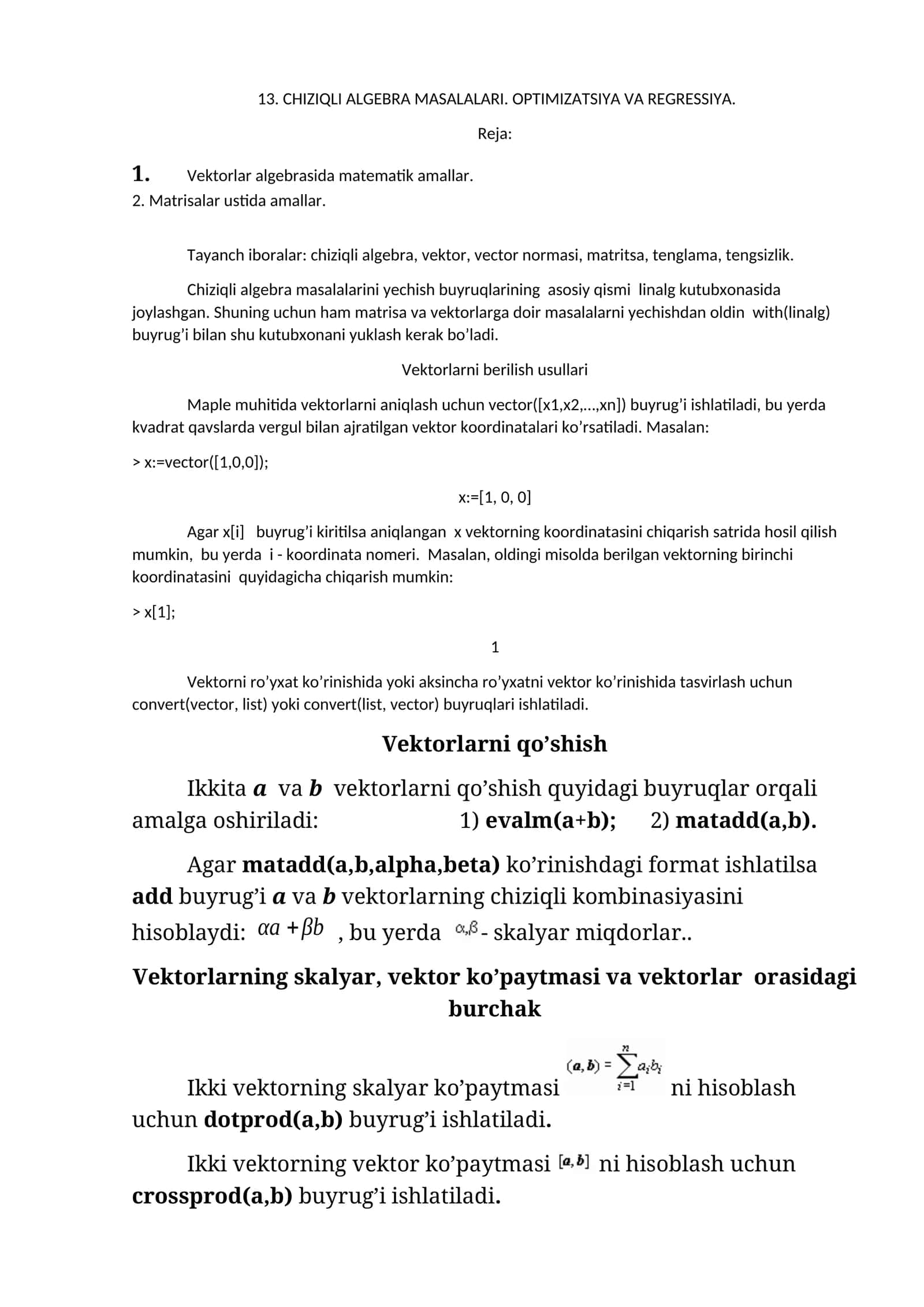 CHIZIQLI ALGEBRA MASALALARI. OPTIMIZATSIYA VA REGRESSIYA 1