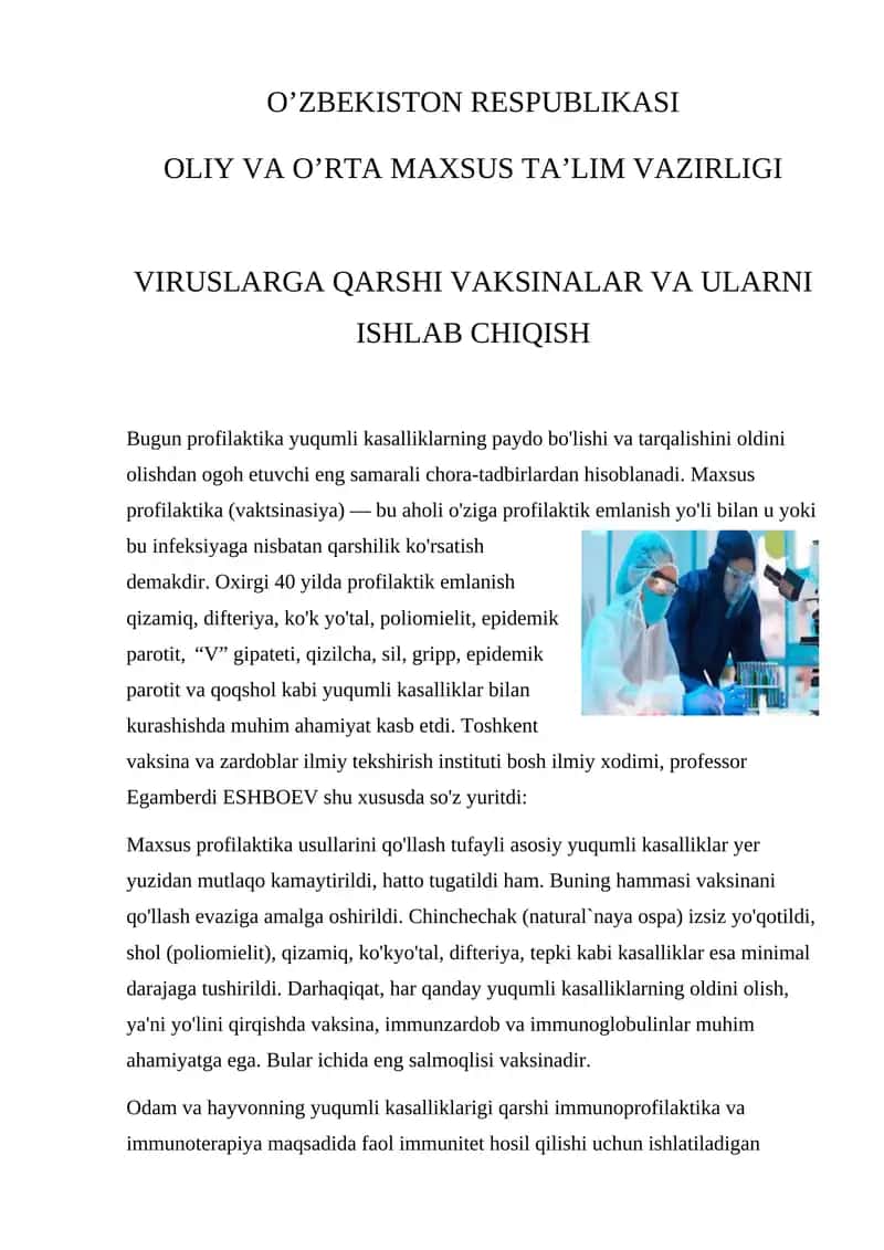 VIRUSLARGA QARSHI VAKSINALAR VA ULARNI ISHLAB CHIQISH 1