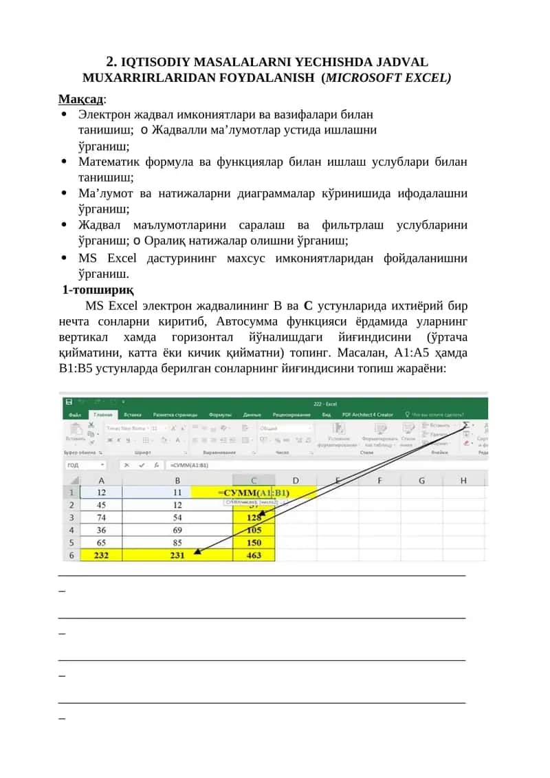 IQTISODIY MASALALARNI YECHISHDA JADVAL MUXARRIRLARIDAN FOYDALANISH (MICROSOFT EXCEL) 1